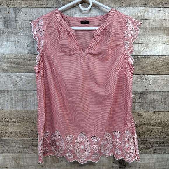 Talbots Tops - Talbots Red White Striped Eyelet Embroidered Sleeveless V-Neck Top Large Cotton